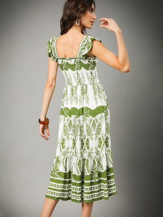 Boho Breeze Midi Dress - White/Green