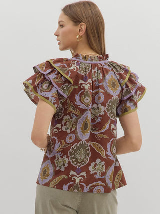 Rustic Romance Ruffle Sleeve Top - Red Bean