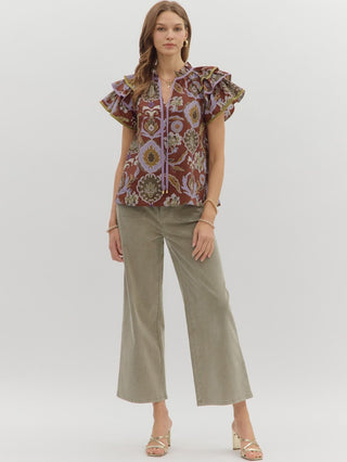 Rustic Romance Ruffle Sleeve Top - Red Bean