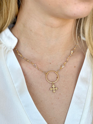 gold chain oval crystals with a hammered gold ring and crusader cross