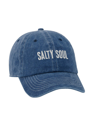 weathered navy blue cotton baseball cap features a fun salty soul embroidery in cream