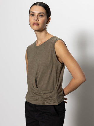 olive green sleeveless tank with cascading front detail and round neck