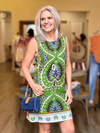 flattering above the knee shift dress in a bright green mezzo tile pattern