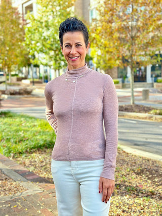 a basic mauve gray long sleeve mock neck top fitted for layering
