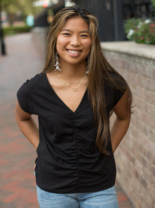 a black cotton top with a v neckline and short sleeves