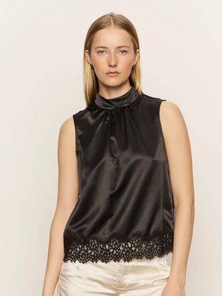 a black satin sleeveless mock tank with a lace hem