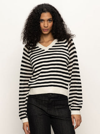 black and white striped sweater with v neck
