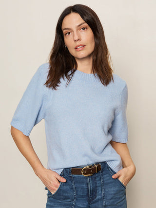baby blue fuzzy short sleeve sweater with ribbed details