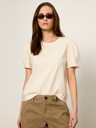 a classy pleated off white tee with short puff sleeves