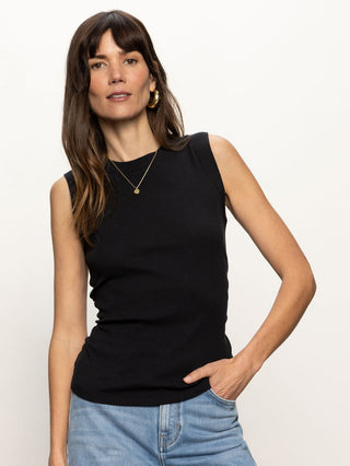 black ribbed crew neck tank top with side cinching