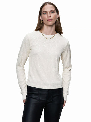a chalk white long sleeve sequined top