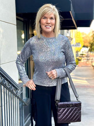 a&nbsp; fun long sleeve sparkling gunmetal sequin party blouse