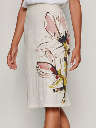 a cream feminine pencil skirt with pink flower art