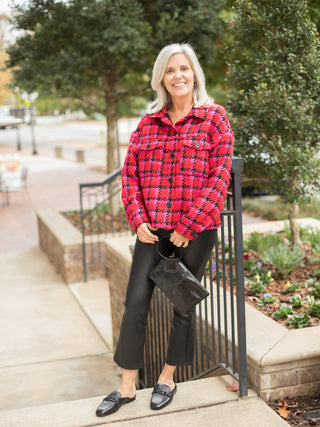 wear this red pink and black plaid shacket as your layer to holiday and christmas parties for a posh look with black pants