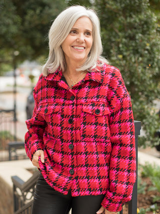 wear this red pink and black plaid shacket as your layer to holiday and christmas parties for a posh winter look