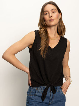 black sleeveless tank top with front tie