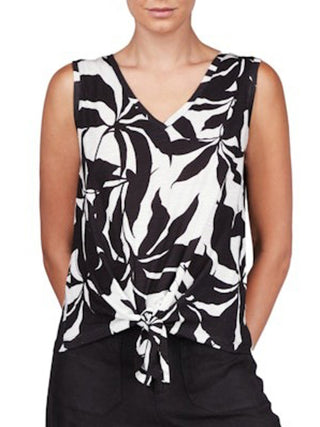 white and black leaf print sleeveless top with front tie