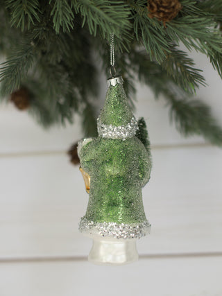 Santa Glitter Glass Ornament - Green