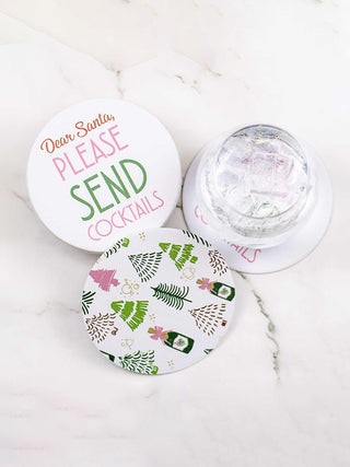 holiday party cocktail coasters that say dear santa please send cocktails