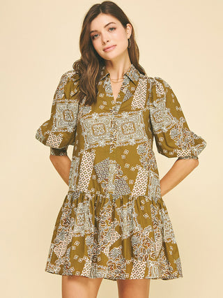 olive green abstract print puff sleeve mini dress with split v neck and collar