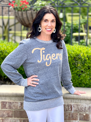 comfortable vintage gray sweatshirt with orange auburn or clemson tigers print