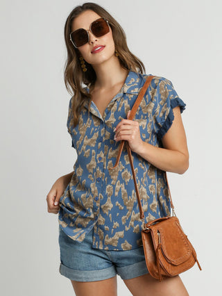 relaxed fit blue and tan safari print blouse with short sleeves and button front