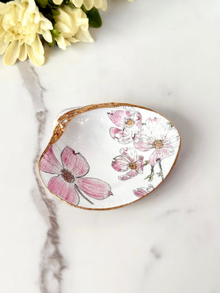 a charming ceramic shell jewelry dish with pink dogwood flowers