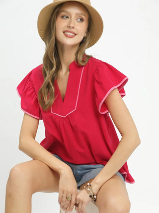 Short Ruffled Sleeve Top - Red