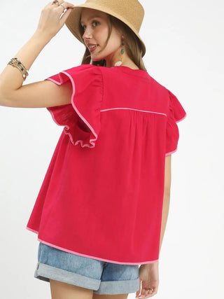 Short Ruffled Sleeve Top - Red
