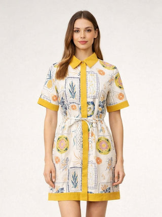 Museo Stamp Mini Dress - White Mustard