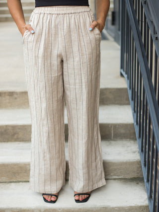 wide leg pull on linen pants with pockets crisp stripes and side slit hems as a two piece set