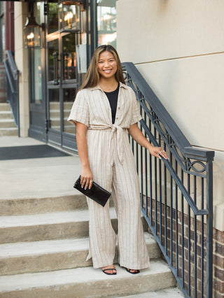 wide leg pull on linen pants with pockets crisp stripes and side slit hems worn as a two piece set