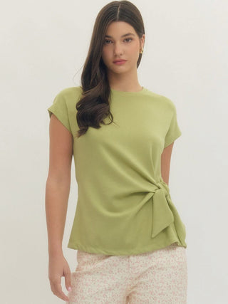 a matcha green crewneck blouse with a fun side tie for flattering