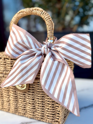 brown and white striped silky long tie ribbon scarf