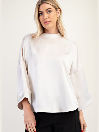 high neck silky ivory blouse with wide short sleeves