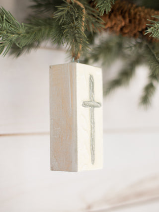 Painted Cross Wood Block Ornament - Silver