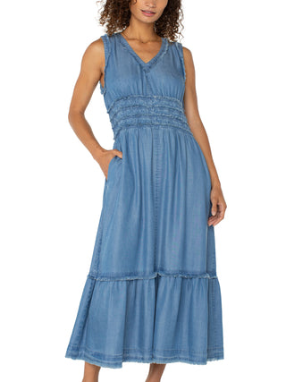 Liverpool Smocked Fray Ruffle Maxi Dress - Delwood