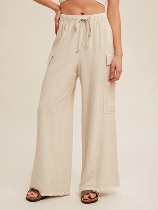 smooth natural ecru linen pants with elastic waist and drawstring