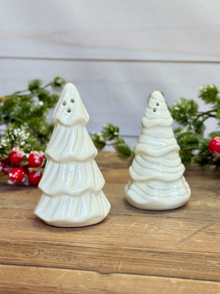 snowy white ceramic christmas tree salt and pepper shakers
