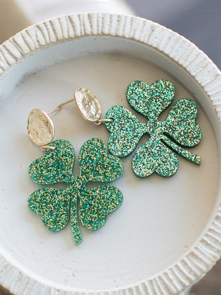 acrylic green glittered shamrock four leaf clover earrings
