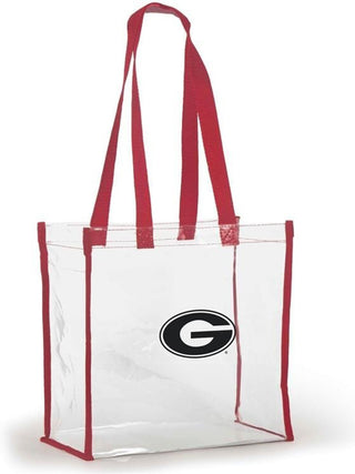 a clear stadium approved bag with red trim and officially licensed georgia logo