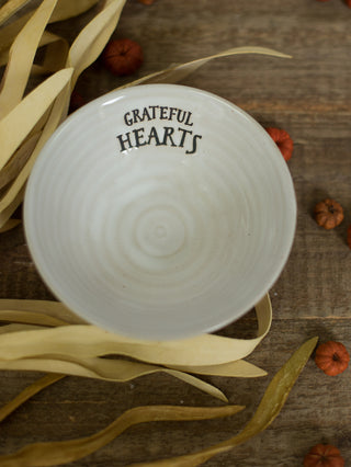 an off white stoneware miniature serving bowl that reads grateful hearts perfect for thanksgiving decor