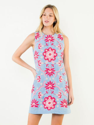 Stitched in Blooms Mini Dress - Blue