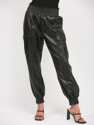chic black faux leather high waisted joggers