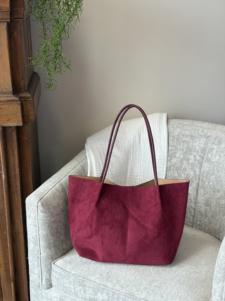 Suede Leather Tote Bag - Burgundy