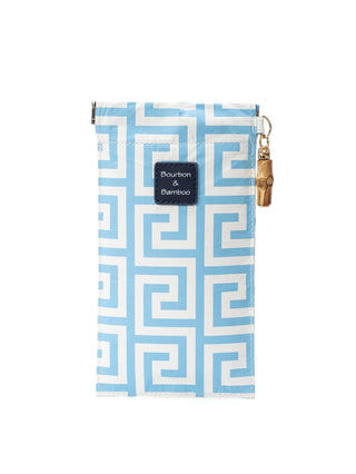 a soft vibrant canvas sunglass case with a light blue pattern and bamboo details