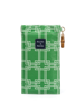 a soft vibrant canvas sunglass case with a green pattern and bamboo details
