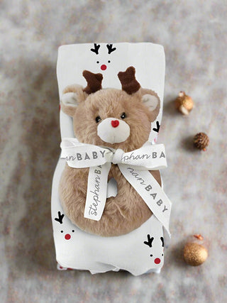 a sweet and soft reindeer swaddle and rattle baby gift set