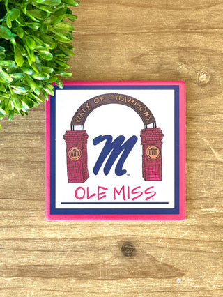 red and blue ole miss walk of champions drink coaster