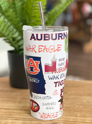 30 ounce officially licensed auburn metal tumbler in blue and orange